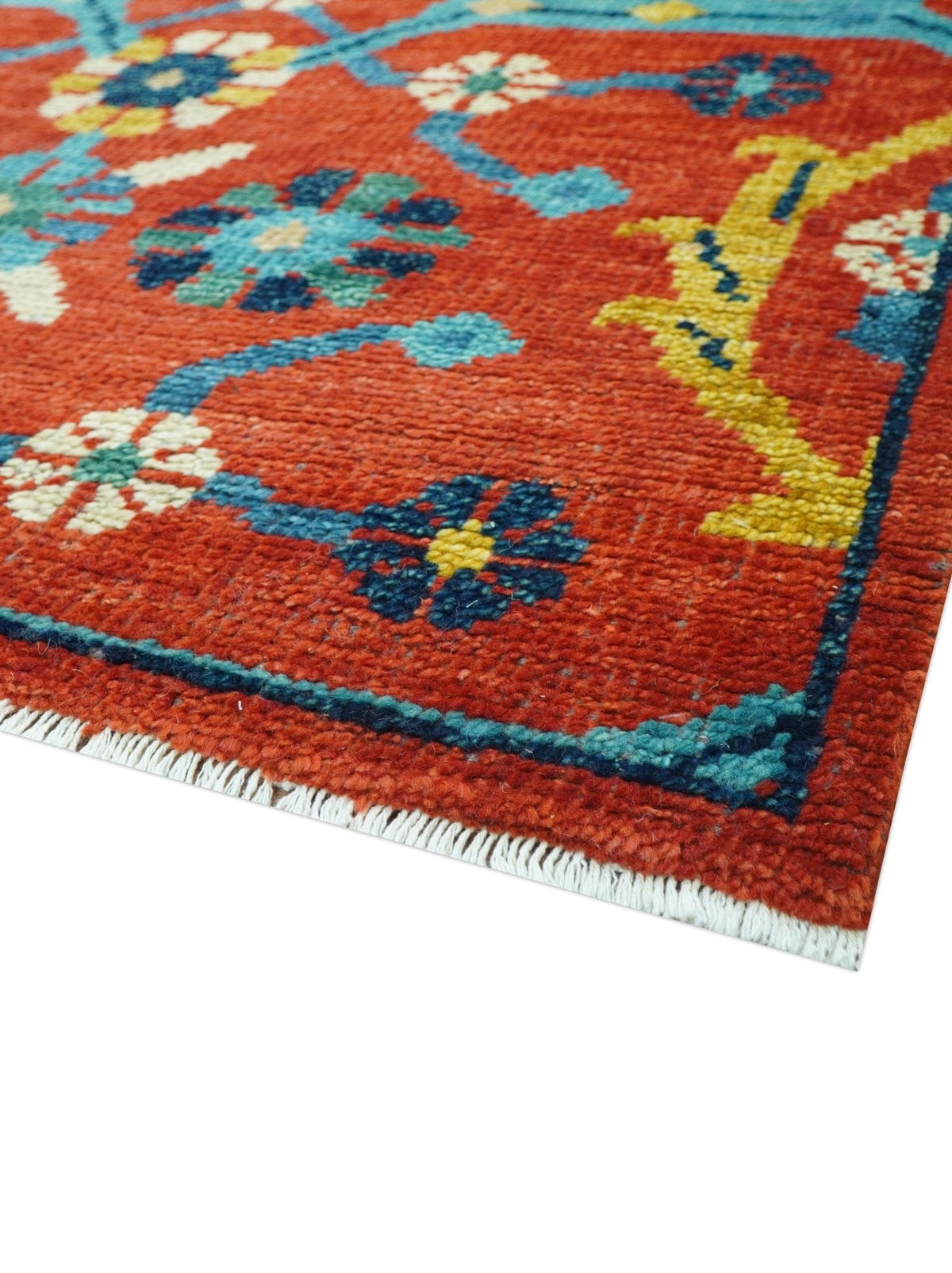Custom Made Red And Blue Traditional Floral Motifs Hand Knotted Wool Rug.