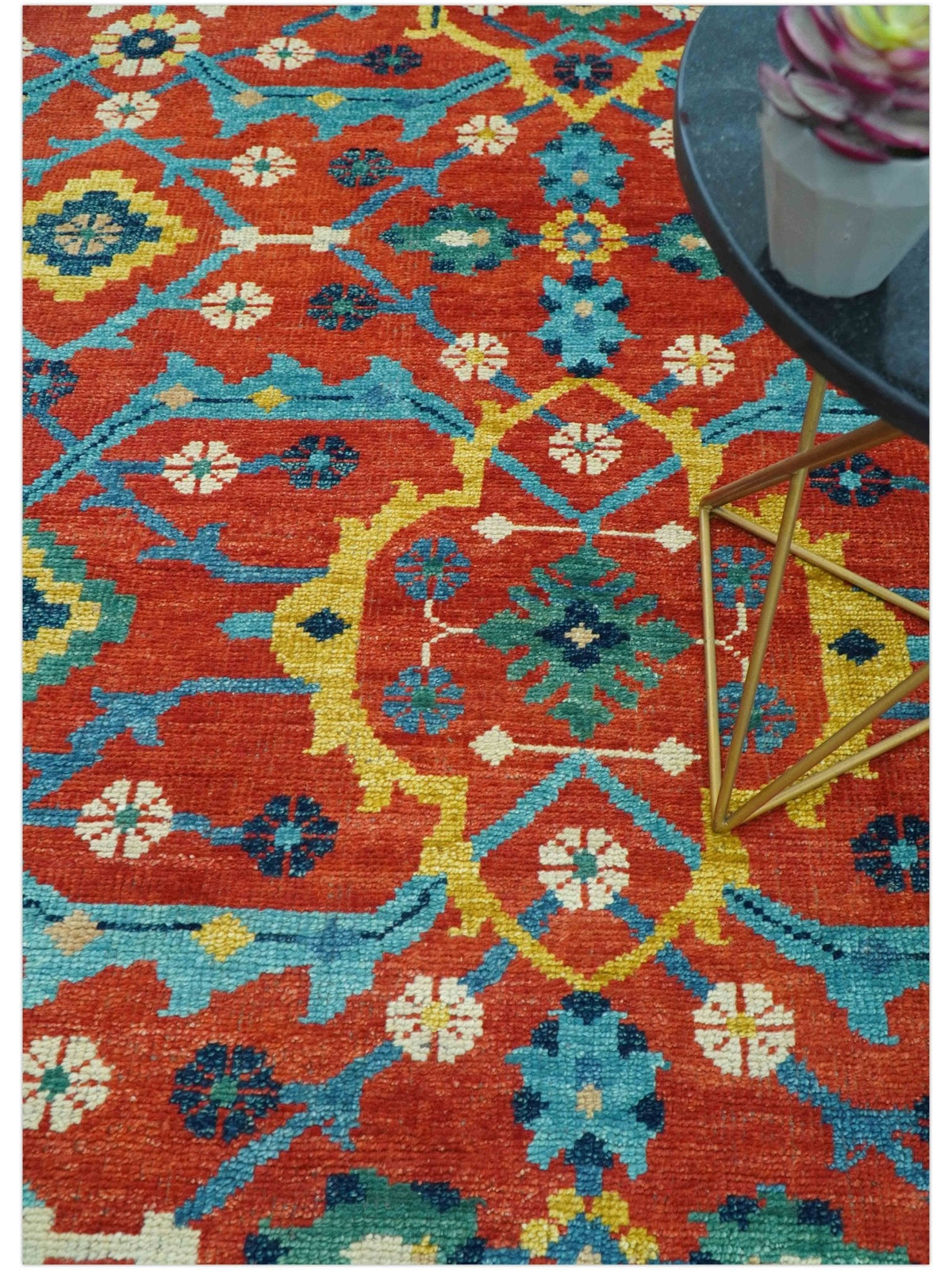 Custom Made Red And Blue Traditional Floral Motifs Hand Knotted Wool Rug.