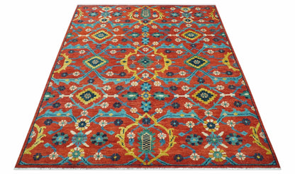 Custom Made Red And Blue Traditional Floral Motifs Hand Knotted Wool Rug.