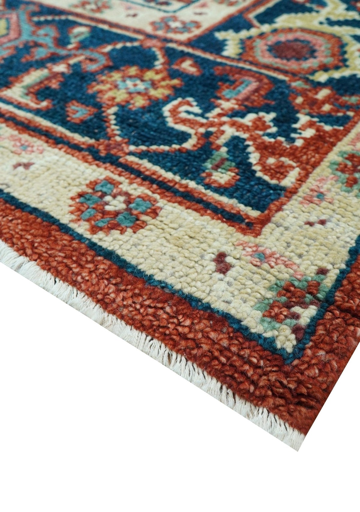 Custom Made Red And Blue Traditional Hand Knotted Wool Rug.