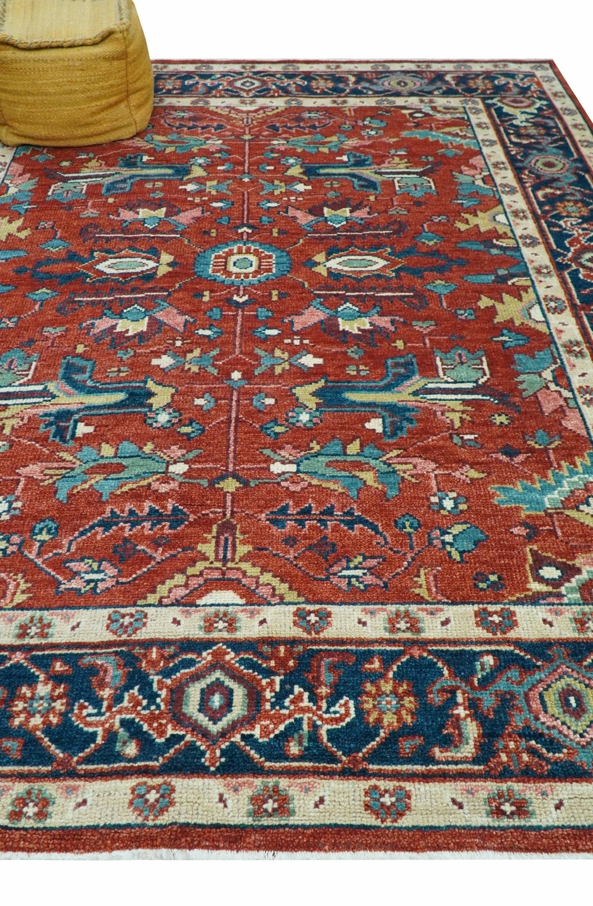 Custom Made Red And Blue Traditional Hand Knotted Wool Rug.