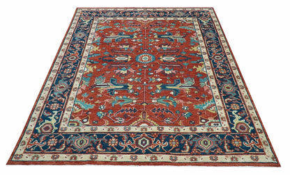 Custom Made Red And Blue Traditional Hand Knotted Wool Rug.
