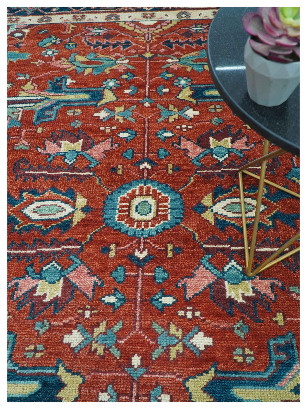 Custom Made Red And Blue Traditional Hand Knotted Wool Rug.