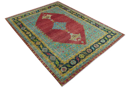 Custom Made Red And Blue Traditional Serapi Hand Knotted Wool Rug.