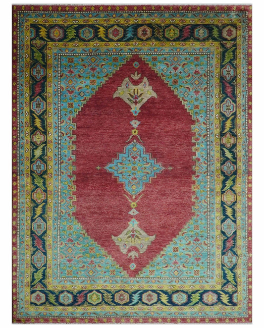Custom Made Red And Blue Traditional Serapi Hand Knotted Wool Rug.