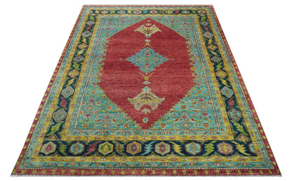 Custom Made Red And Blue Traditional Serapi Hand Knotted Wool Rug.