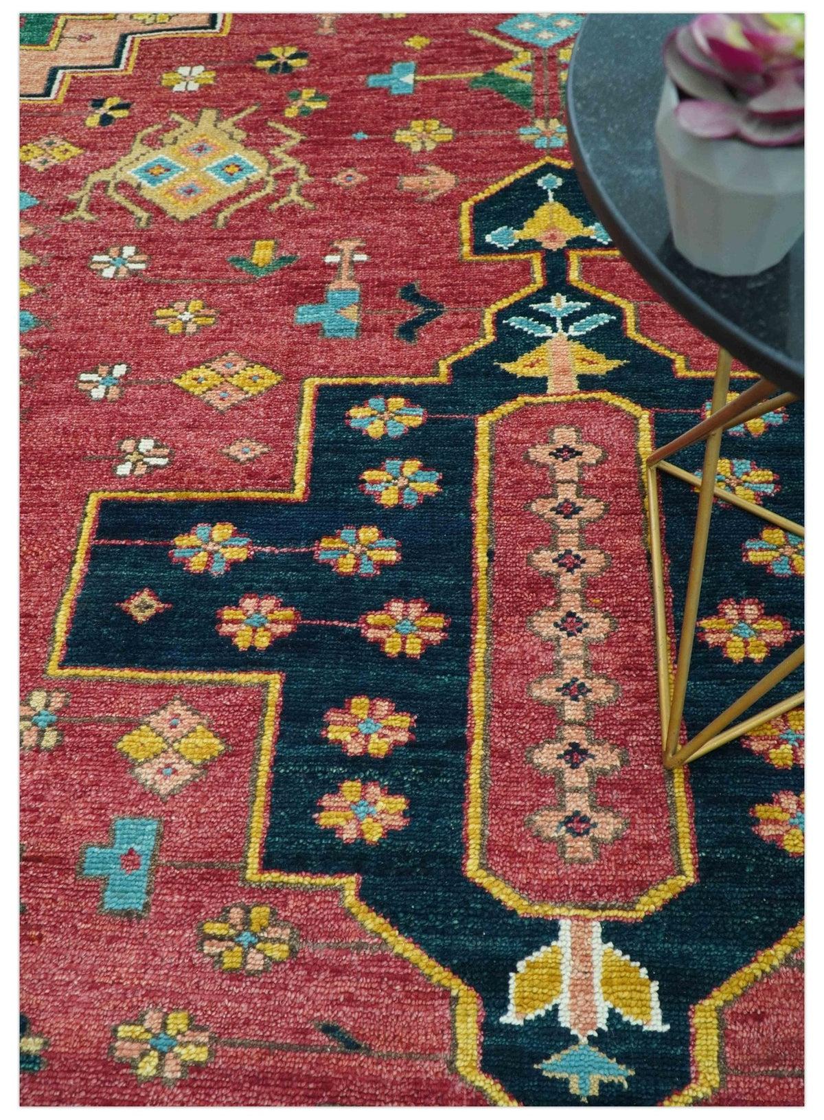 Custom Made Red And Green Traditional Heriz Design Hand Knotted Wool Rug.