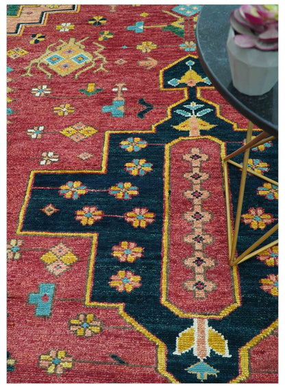 Custom Made Red And Green Traditional Heriz Design Hand Knotted Wool Rug.