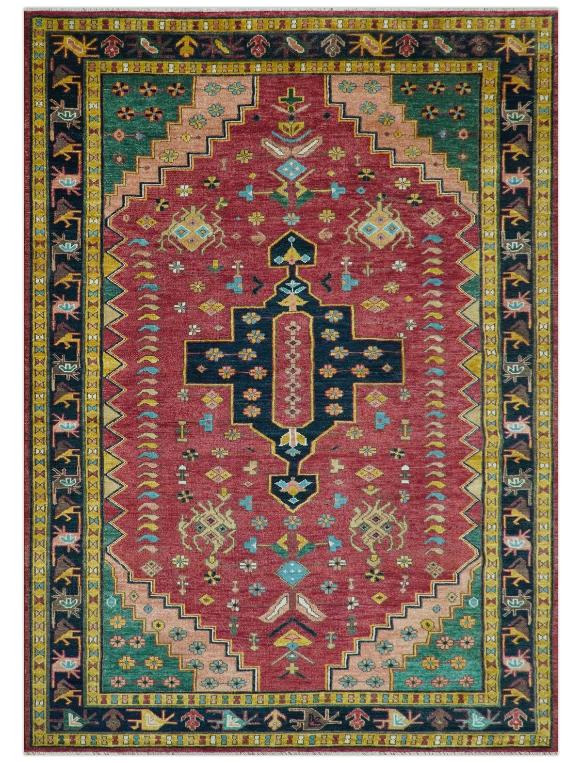 Custom Made Red And Green Traditional Heriz Design Hand Knotted Wool Rug.
