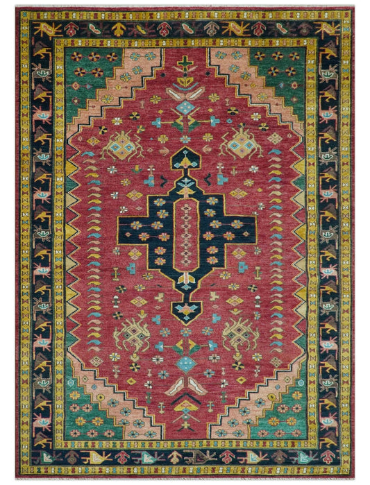 Custom Made Red And Green Traditional Heriz Design Hand Knotted Wool Rug.