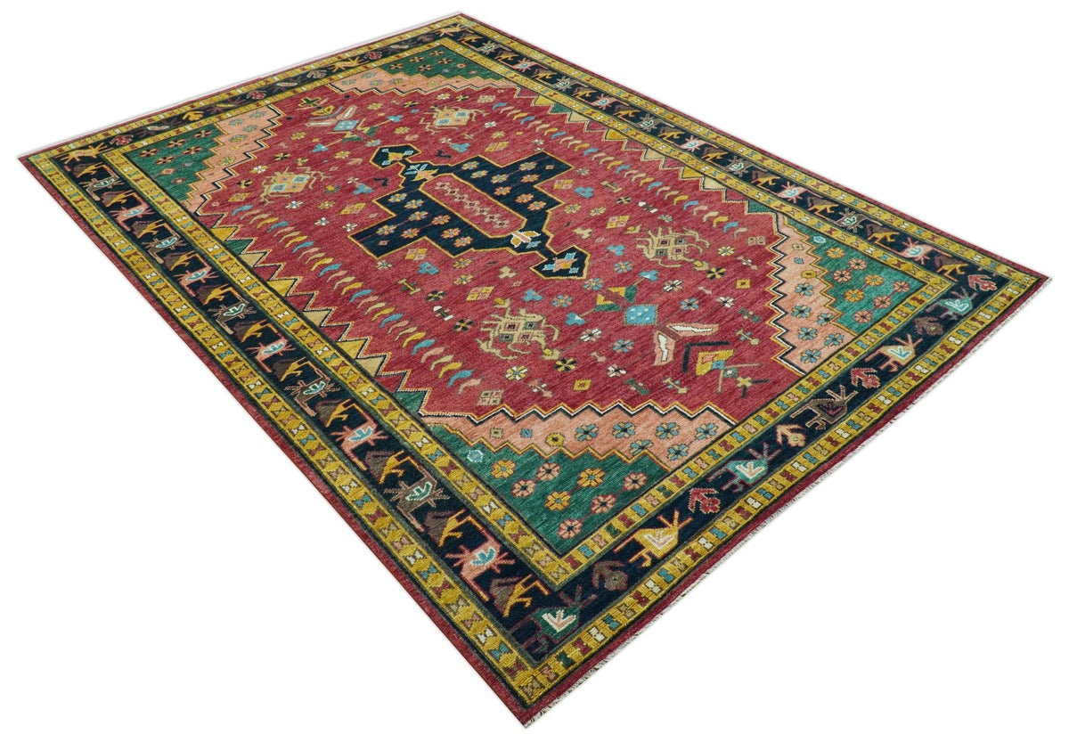 Custom Made Red And Green Traditional Heriz Design Hand Knotted Wool Rug.