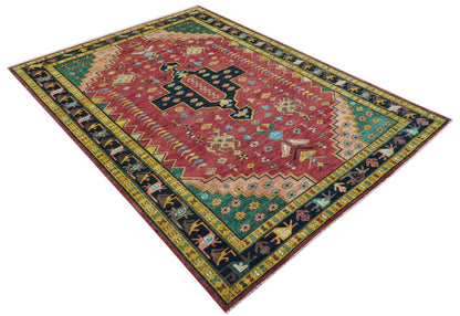 Custom Made Red And Green Traditional Heriz Design Hand Knotted Wool Rug.