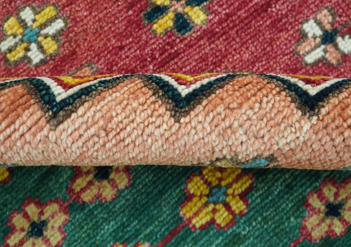 Custom Made Red And Green Traditional Heriz Design Hand Knotted Wool Rug.