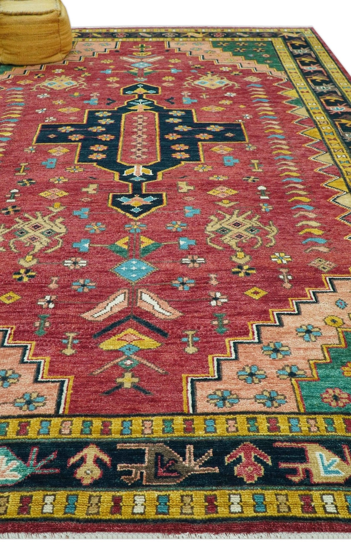 Custom Made Red And Green Traditional Heriz Design Hand Knotted Wool Rug.