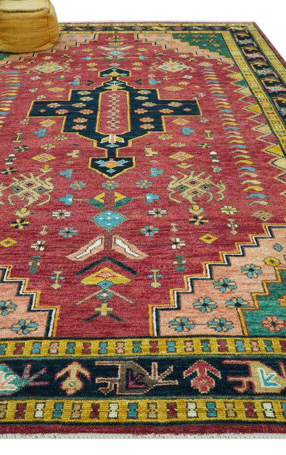 Custom Made Red And Green Traditional Heriz Design Hand Knotted Wool Rug.