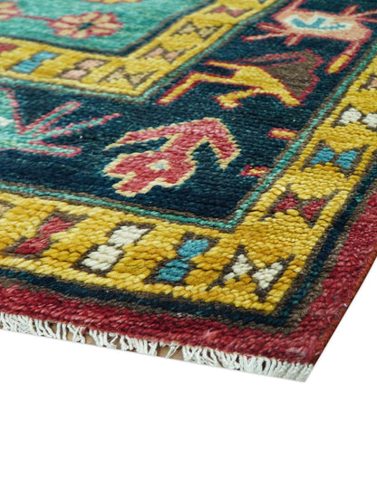 Custom Made Red And Green Traditional Heriz Design Hand Knotted Wool Rug.