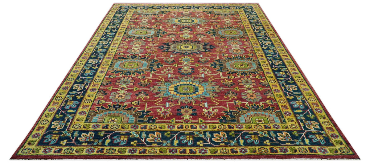 Custom Made Red And Mustard Traditional Floral Design Hand Knotted Wool Rug.