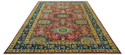 Custom Made Red And Mustard Traditional Floral Design Hand Knotted Wool Rug.