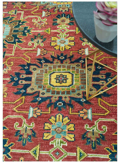 Custom Made Red And Mustard Traditional Floral Design Hand Knotted Wool Rug.
