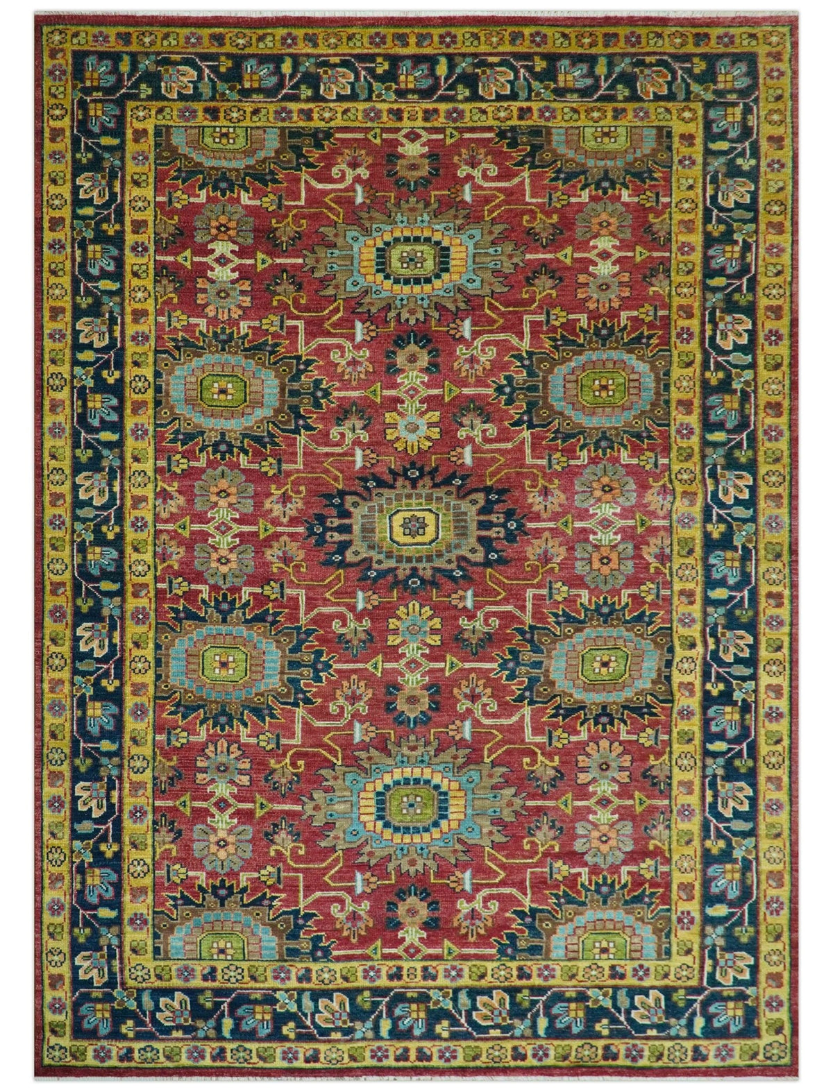 Custom Made Red And Mustard Traditional Floral Design Hand Knotted Wool Rug.