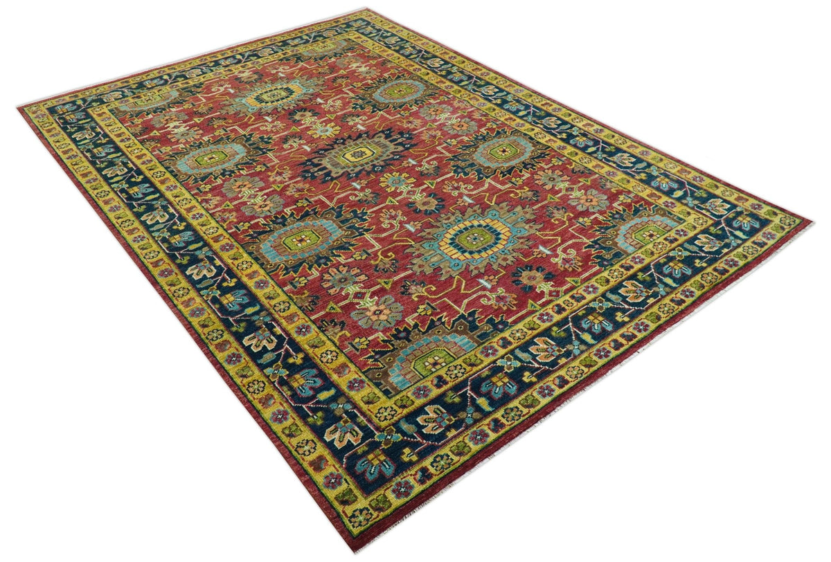 Custom Made Red And Mustard Traditional Floral Design Hand Knotted Wool Rug.