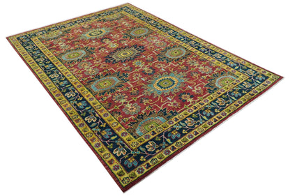 Custom Made Red And Mustard Traditional Floral Design Hand Knotted Wool Rug.