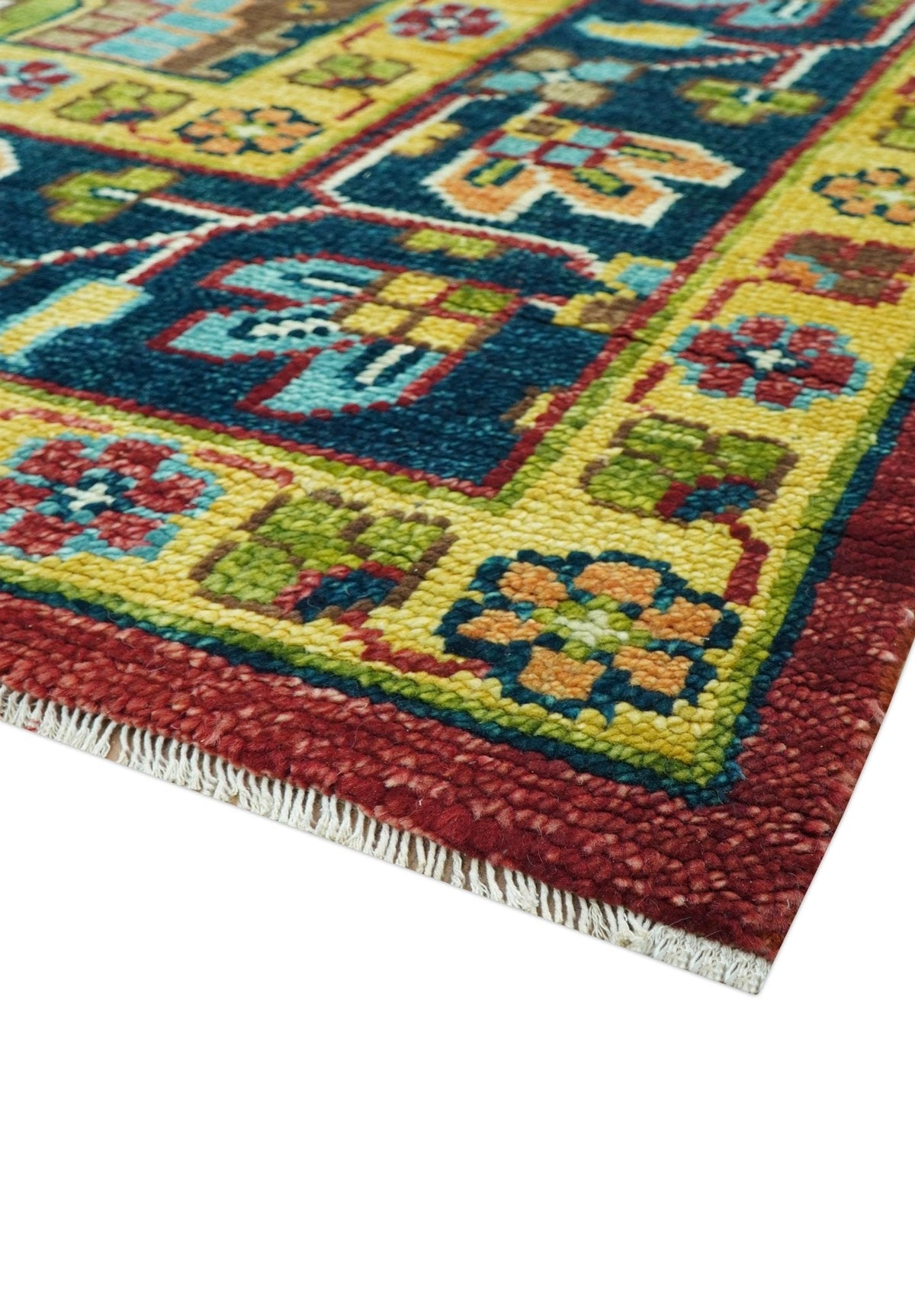 Custom Made Red And Mustard Traditional Floral Design Hand Knotted Wool Rug.