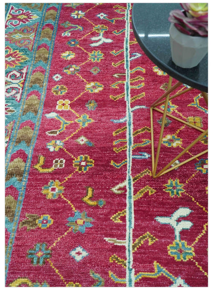 Custom Made Red And Olive Traditional Floral Design Hand Knotted Wool Rug.
