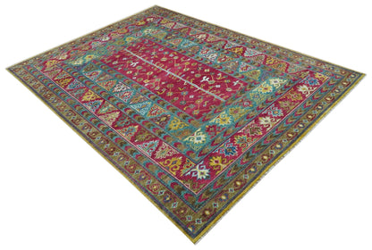 Custom Made Red And Olive Traditional Floral Design Hand Knotted Wool Rug.