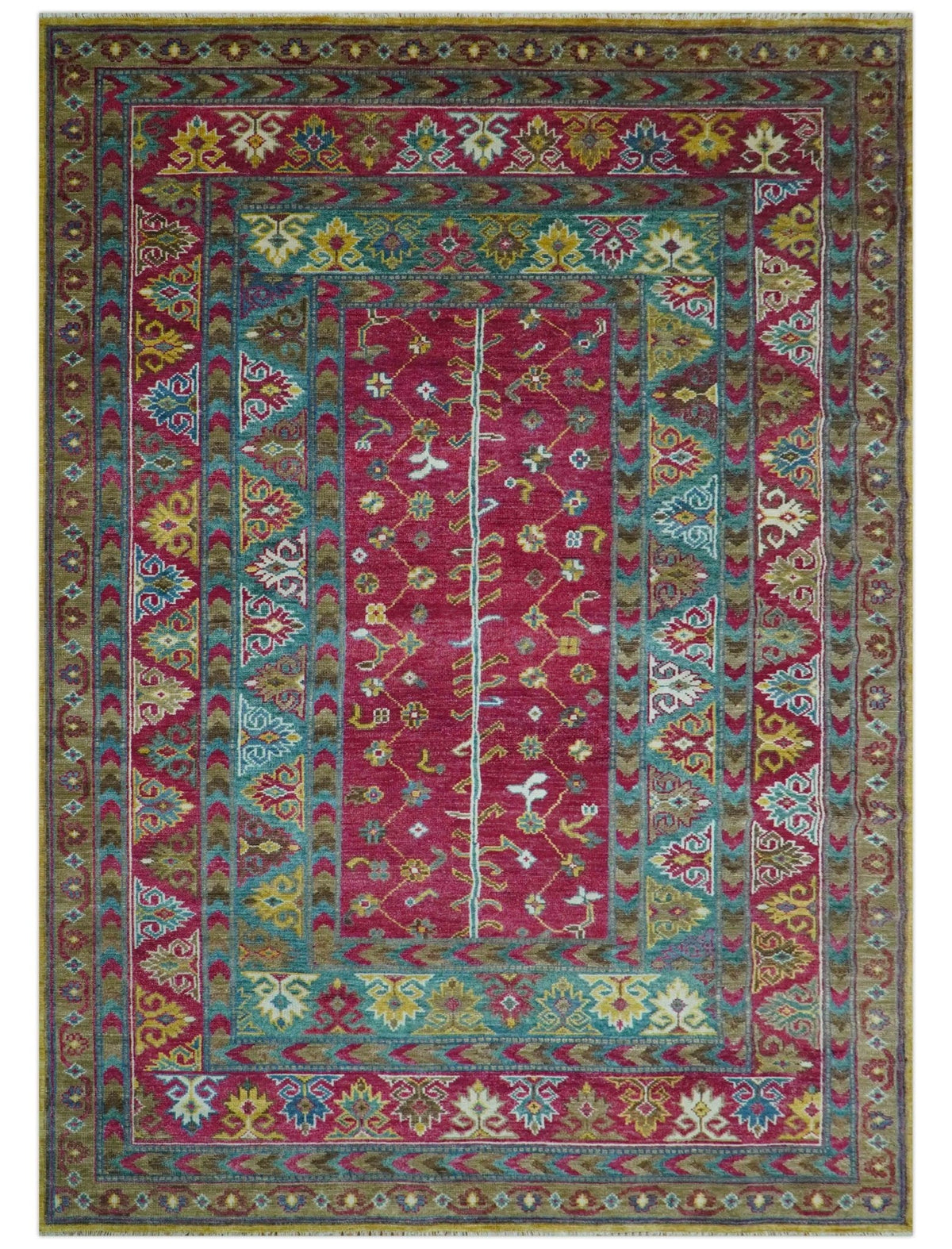 Custom Made Red And Olive Traditional Floral Design Hand Knotted Wool Rug.