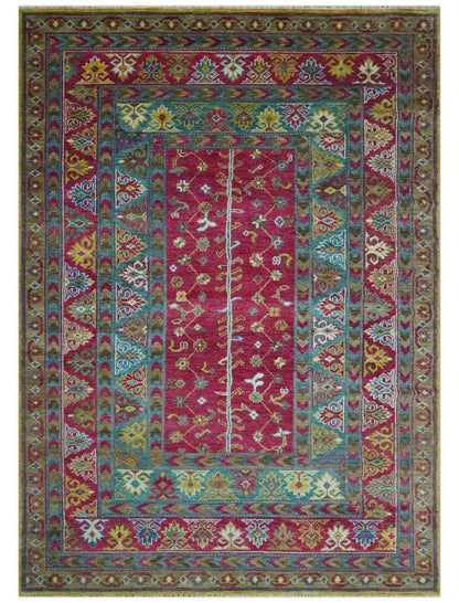 Custom Made Red And Olive Traditional Floral Design Hand Knotted Wool Rug.