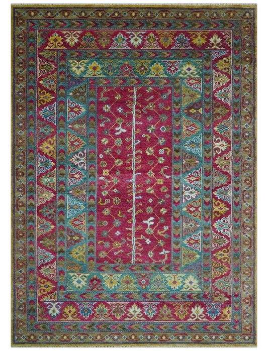 Custom Made Red And Olive Traditional Floral Design Hand Knotted Wool Rug.