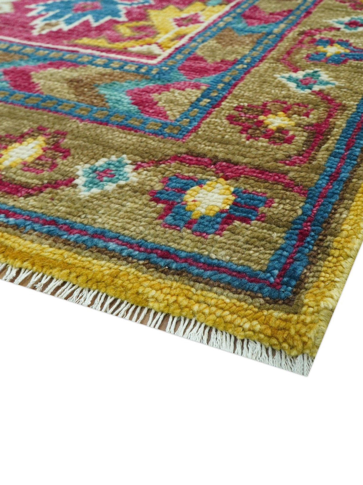 Custom Made Red And Olive Traditional Floral Design Hand Knotted Wool Rug.