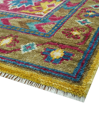 Custom Made Red And Olive Traditional Floral Design Hand Knotted Wool Rug.