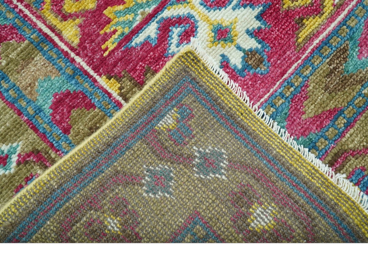 Custom Made Red And Olive Traditional Floral Design Hand Knotted Wool Rug.