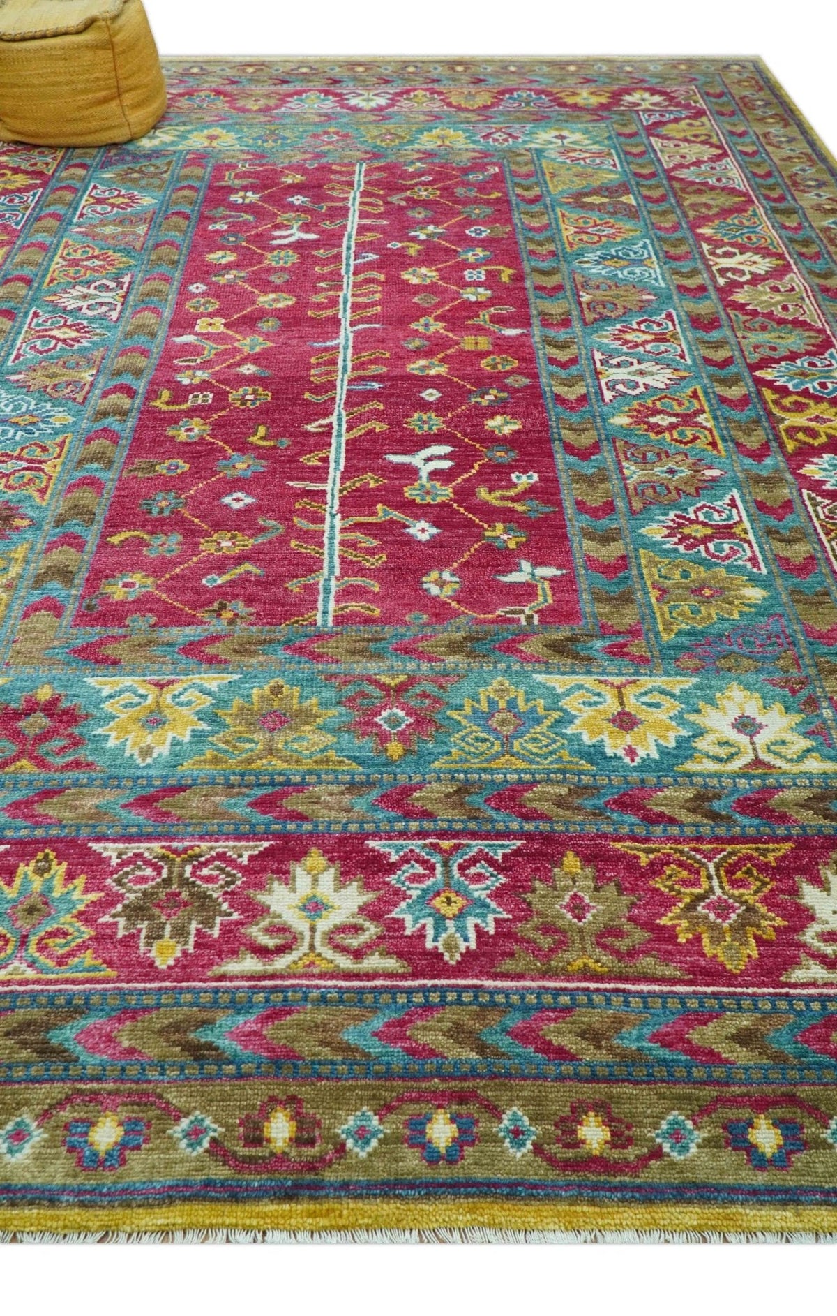 Custom Made Red And Olive Traditional Floral Design Hand Knotted Wool Rug.