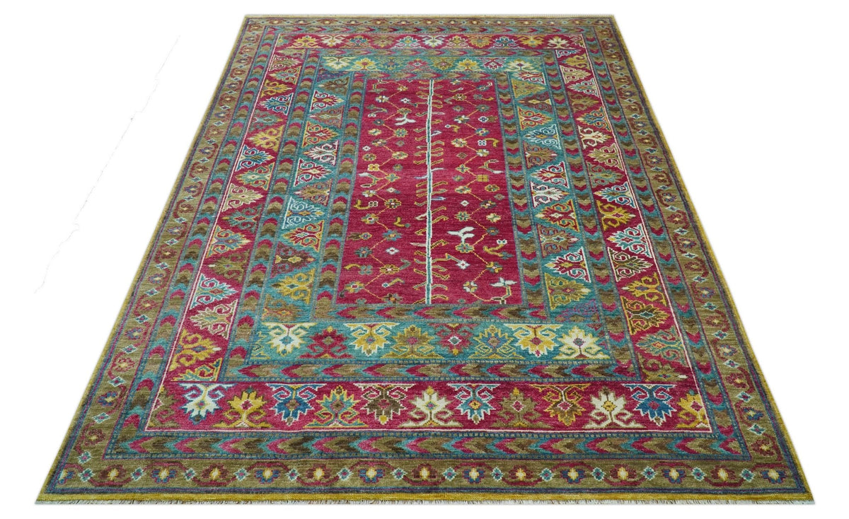 Custom Made Red And Olive Traditional Floral Design Hand Knotted Wool Rug.