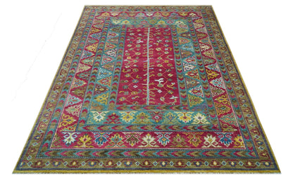 Custom Made Red And Olive Traditional Floral Design Hand Knotted Wool Rug.