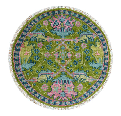 Custom Made Round Donegal Green And Blue Hand Knotted Wool Rug.