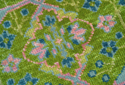 Custom Made Round Donegal Green And Blue Hand Knotted Wool Rug.