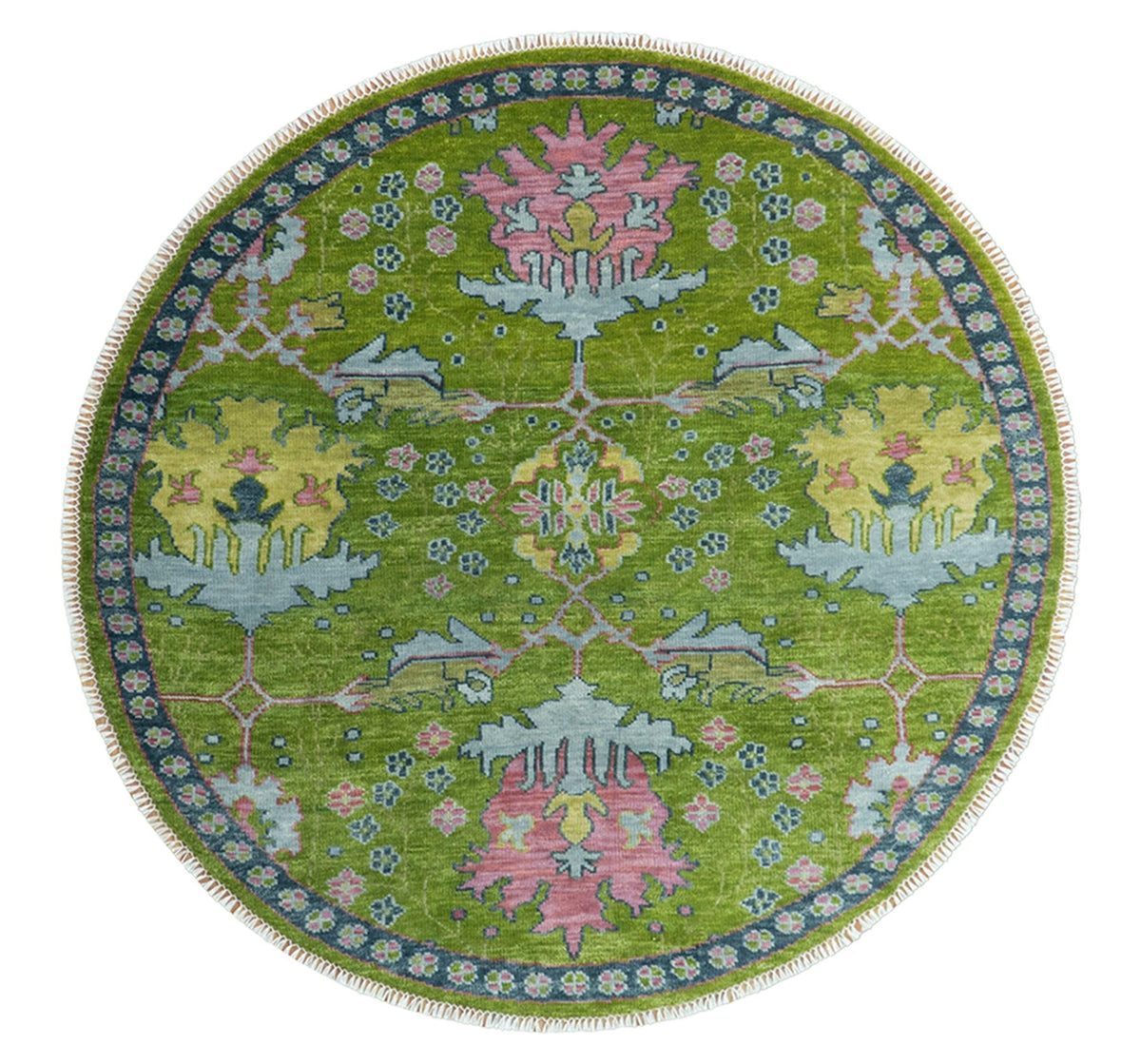 Custom Made Round Donegal Green And Blue Hand Knotted Wool Rug.