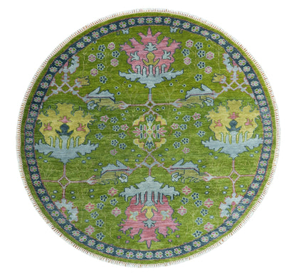 Custom Made Round Donegal Green And Blue Hand Knotted Wool Rug.