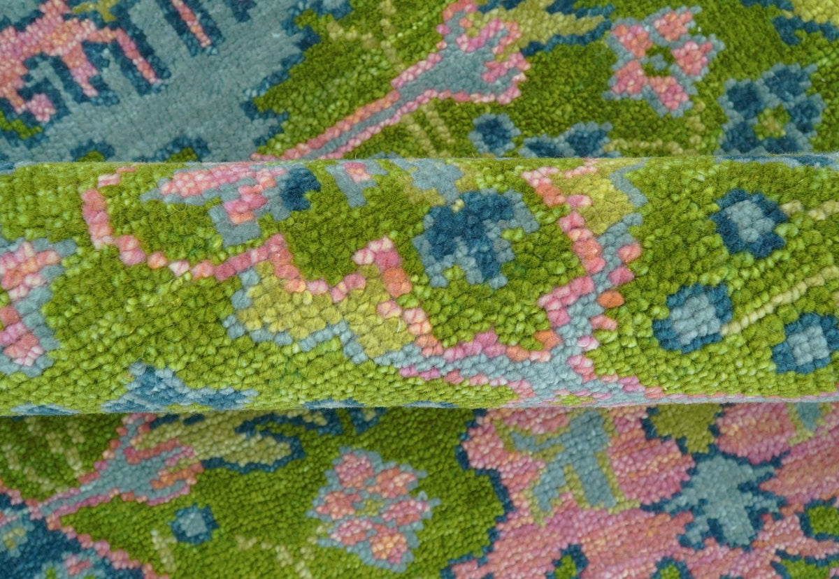 Custom Made Round Donegal Green And Blue Hand Knotted Wool Rug.