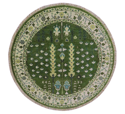 Custom Made Round Hand Knotted Green And Ivory Tree of life Wool Rug.