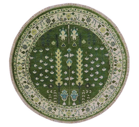 Custom Made Round Hand Knotted Green And Ivory Tree of life Wool Rug.