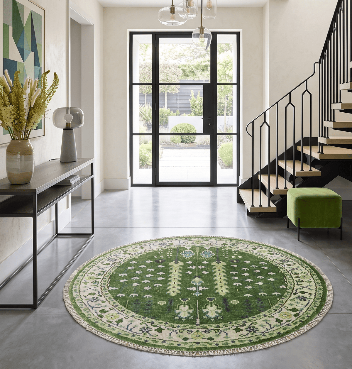 Custom Made Round Hand Knotted Green And Ivory Tree of life Wool Rug.
