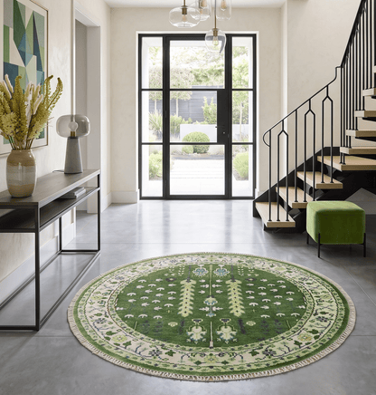 Custom Made Round Hand Knotted Green And Ivory Tree of life Wool Rug.