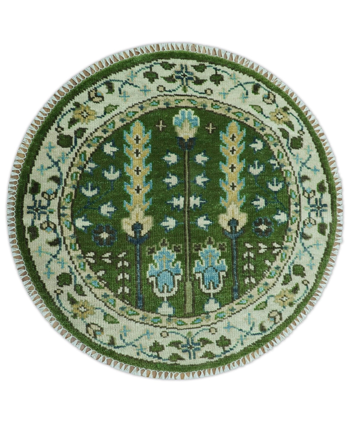Custom Made Round Hand Knotted Green And Ivory Tree of life Wool Rug.