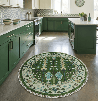 Custom Made Round Hand Knotted Green And Ivory Tree of life Wool Rug.