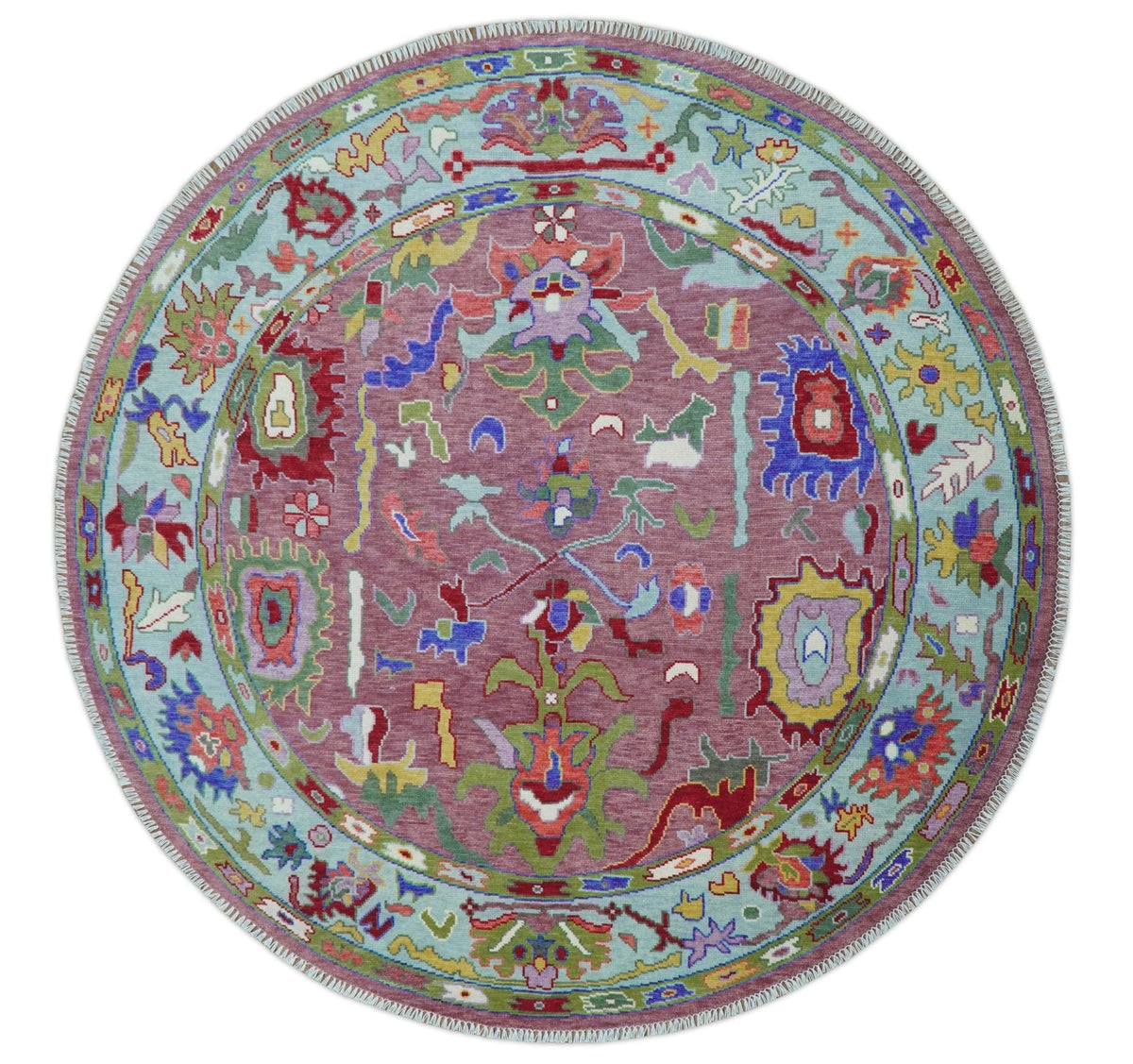 Custom Made Round Traditional Oushak Pink And Blue Hand Knotted Wool Rug.